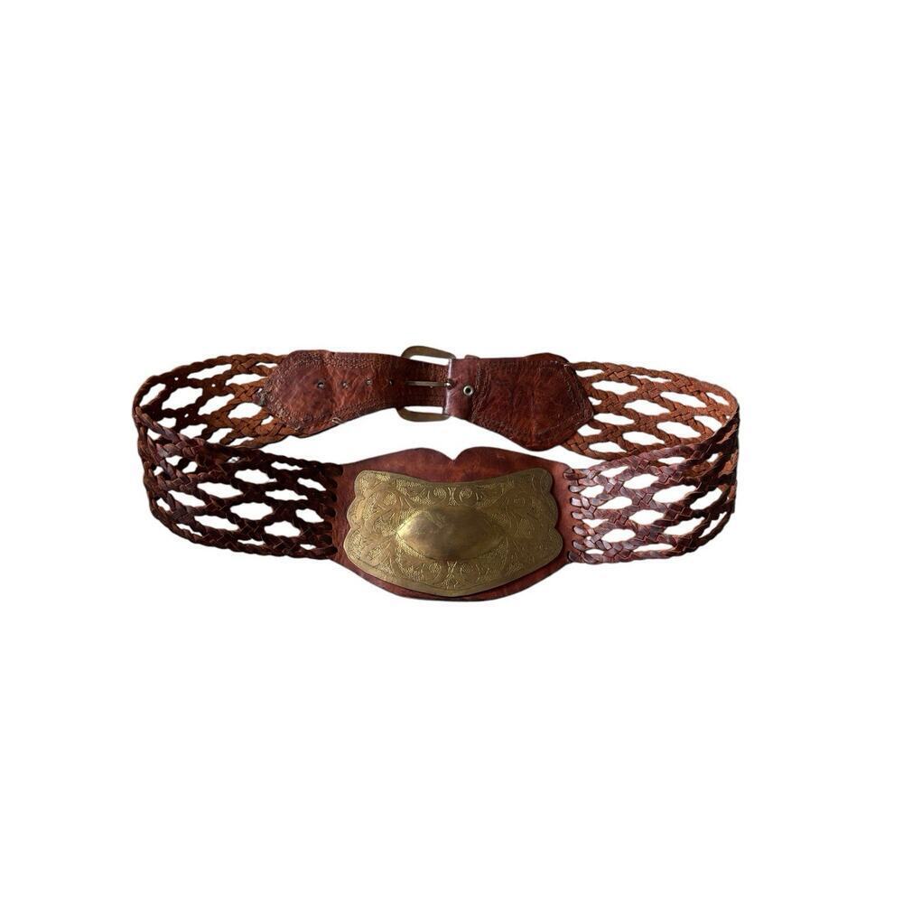 Moroccan Style Vintage Unisex Leather Medallion Vintage Brass Etched Plated Belt - Picture 1 of 8
